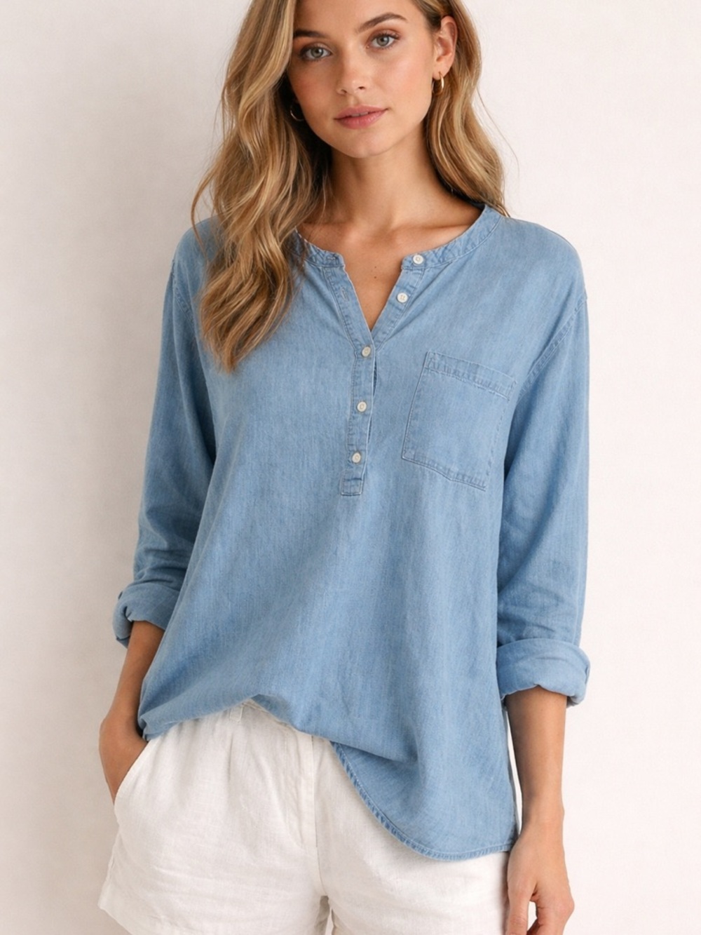 Per Se Light Blue Button Henley Shirt